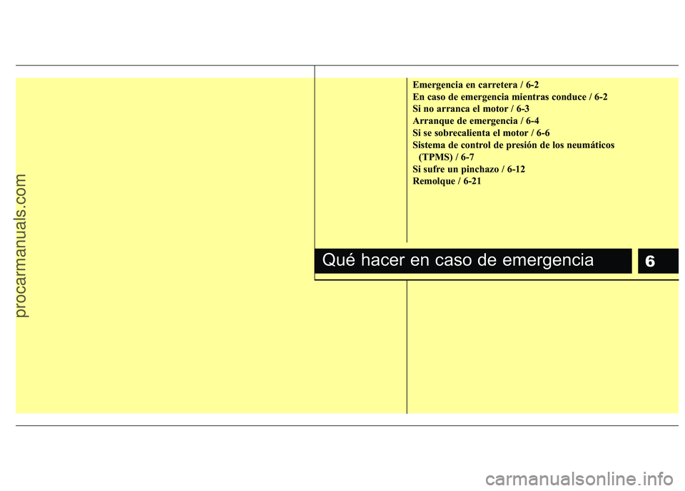 HYUNDAI VERACRUZ 2015 Owners Manual 6
Emergencia en carretera / 6-2
En caso de emergencia mientras conduce / 6-2
Si no arranca el motor / 6-3
Arranque de emergencia / 6-4
Si se sobrecalienta el motor / 6-6
Sistema de control de presión HYUNDAI VERACRUZ 2015 Owners Manual 6
Emergencia en carretera / 6-2
En caso de emergencia mientras conduce / 6-2
Si no arranca el motor / 6-3
Arranque de emergencia / 6-4
Si se sobrecalienta el motor / 6-6
Sistema de control de presión