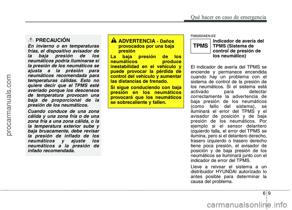 HYUNDAI VERACRUZ 2015 Owners Manual 69
Qué hacer en caso de emergencia
F060200AEN-EE
Indicador de avería del
TPMS (Sistema de
control de presión de
los neumático)
El indicador de avería del TPMS se
enciende y permanece encendida
cu HYUNDAI VERACRUZ 2015 Owners Manual 69
Qué hacer en caso de emergencia
F060200AEN-EE
Indicador de avería del
TPMS (Sistema de
control de presión de
los neumático)
El indicador de avería del TPMS se
enciende y permanece encendida
cu