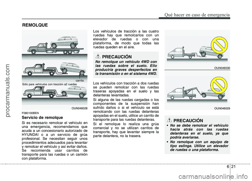 HYUNDAI VERACRUZ 2015 Owners Manual 621
Qué hacer en caso de emergencia
REMOLQUE
F080100BEN
Servicio de remolque
Si es necesario remolcar el vehículo en
una emergencia, recomendamos que
acuda a un concesionario autorizado de
HYUNDAI o HYUNDAI VERACRUZ 2015 Owners Manual 621
Qué hacer en caso de emergencia
REMOLQUE
F080100BEN
Servicio de remolque
Si es necesario remolcar el vehículo en
una emergencia, recomendamos que
acuda a un concesionario autorizado de
HYUNDAI o