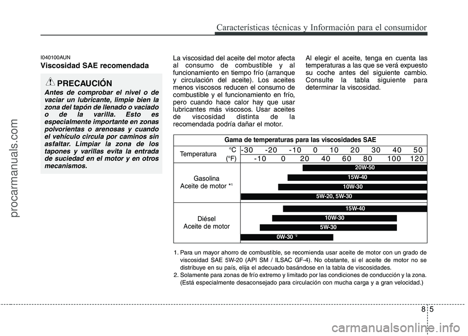 HYUNDAI VERACRUZ 2015 Owners Manual 85
Características técnicas y Información para el consumidor
I040100AUN
Viscosidad SAE recomendada
La viscosidad del aceite del motor afecta
al consumo de combustible y al
funcionamiento en tiempo HYUNDAI VERACRUZ 2015 Owners Manual 85
Características técnicas y Información para el consumidor
I040100AUN
Viscosidad SAE recomendada
La viscosidad del aceite del motor afecta
al consumo de combustible y al
funcionamiento en tiempo