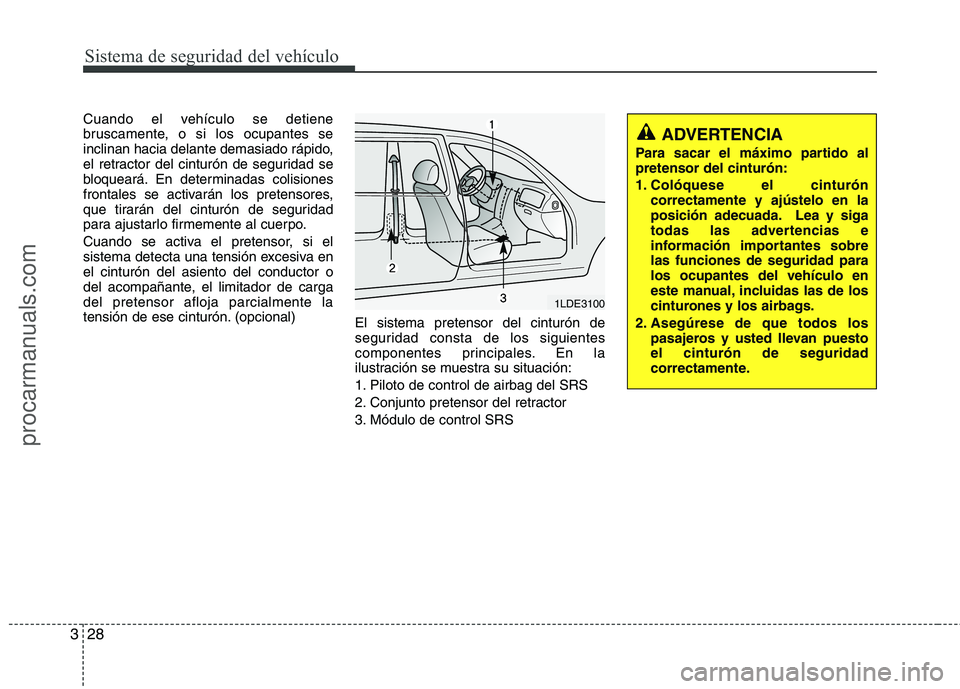 HYUNDAI VERACRUZ 2015 Service Manual Sistema de seguridad del vehículo
28 3
Cuando el vehículo se detiene
bruscamente, o si los ocupantes se
inclinan hacia delante demasiado rápido,
el retractor del cinturón de seguridad se
bloquear