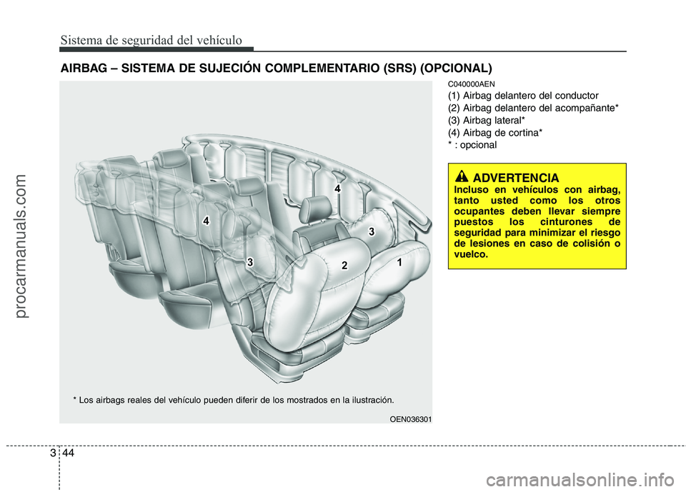 HYUNDAI VERACRUZ 2015 Repair Manual Sistema de seguridad del vehículo
44 3
C040000AEN
(1) Airbag delantero del conductor
(2) Airbag delantero del acompañante*
(3) Airbag lateral*
(4) Airbag de cortina*
* : opcional
AIRBAG – SISTEMA HYUNDAI VERACRUZ 2015 Repair Manual Sistema de seguridad del vehículo
44 3
C040000AEN
(1) Airbag delantero del conductor
(2) Airbag delantero del acompañante*
(3) Airbag lateral*
(4) Airbag de cortina*
* : opcional
AIRBAG – SISTEMA