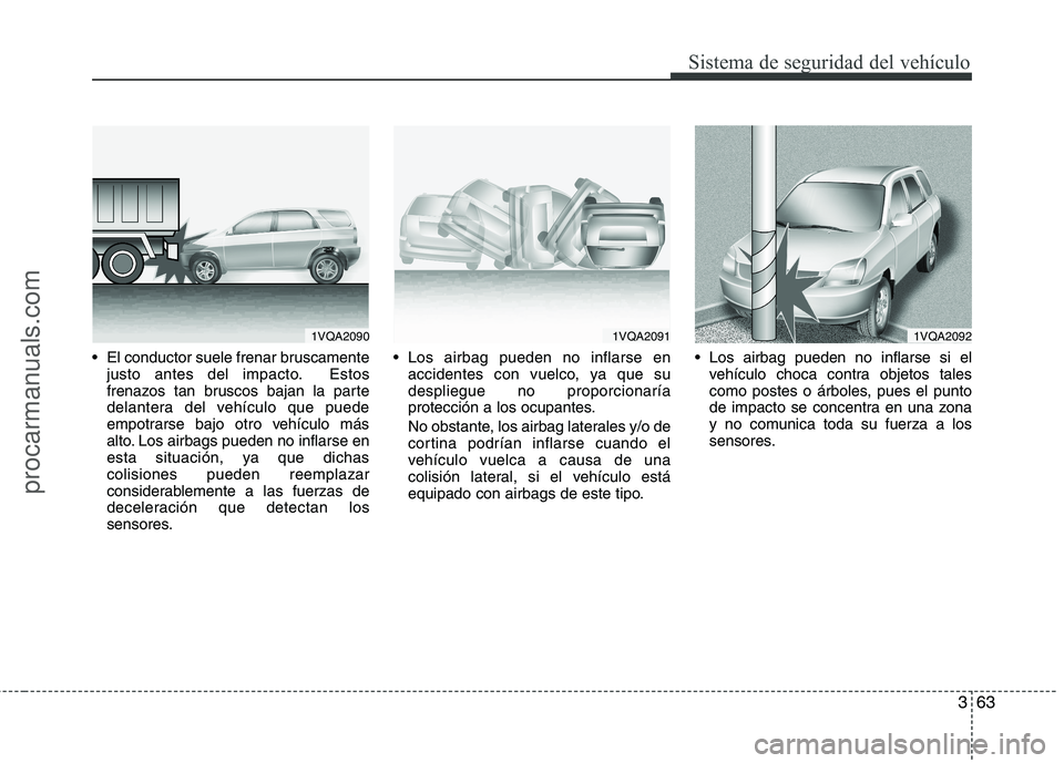 HYUNDAI VERACRUZ 2015 Manual Online 363
Sistema de seguridad del vehículo
 El conductor suele frenar bruscamente
justo antes del impacto. Estos
frenazos tan bruscos bajan la parte
delantera del vehículo que puede
empotrarse bajo otro 