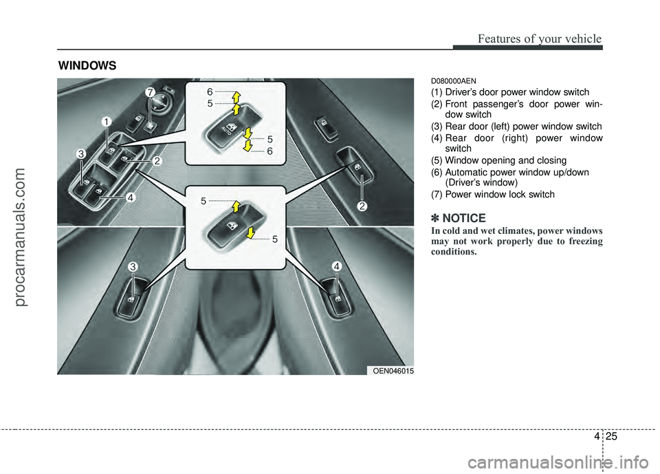 HYUNDAI VERACRUZ 2012 Owners Manual 425
Features of your vehicle
D080000AEN
(1) Driver’s door power window switch
(2) Front passenger’s door power win-dow switch
(3) Rear door (left) power window switch
(4) Rear door (right) power HYUNDAI VERACRUZ 2012 Owners Manual 425
Features of your vehicle
D080000AEN
(1) Driver’s door power window switch
(2) Front passenger’s door power win-dow switch
(3) Rear door (left) power window switch
(4) Rear door (right) power