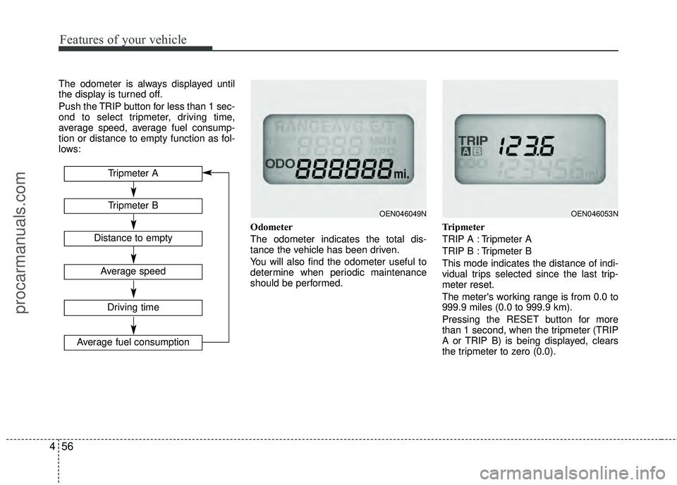 HYUNDAI VERACRUZ 2012 Owners Manual Features of your vehicle
56
4
The odometer is always displayed until
the display is turned off.
Push the TRIP button for less than 1 sec-
ond to select tripmeter, driving time,
average speed, average HYUNDAI VERACRUZ 2012 Owners Manual Features of your vehicle
56
4
The odometer is always displayed until
the display is turned off.
Push the TRIP button for less than 1 sec-
ond to select tripmeter, driving time,
average speed, average