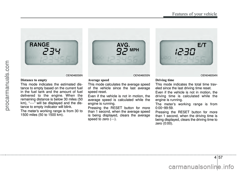 HYUNDAI VERACRUZ 2012 Owners Manual 457
Features of your vehicle
Distance to empty
This mode indicates the estimated dis-
tance to empty based on the current fuel
in the fuel tank and the amount of fuel
delivered to the engine. When the HYUNDAI VERACRUZ 2012 Owners Manual 457
Features of your vehicle
Distance to empty
This mode indicates the estimated dis-
tance to empty based on the current fuel
in the fuel tank and the amount of fuel
delivered to the engine. When the