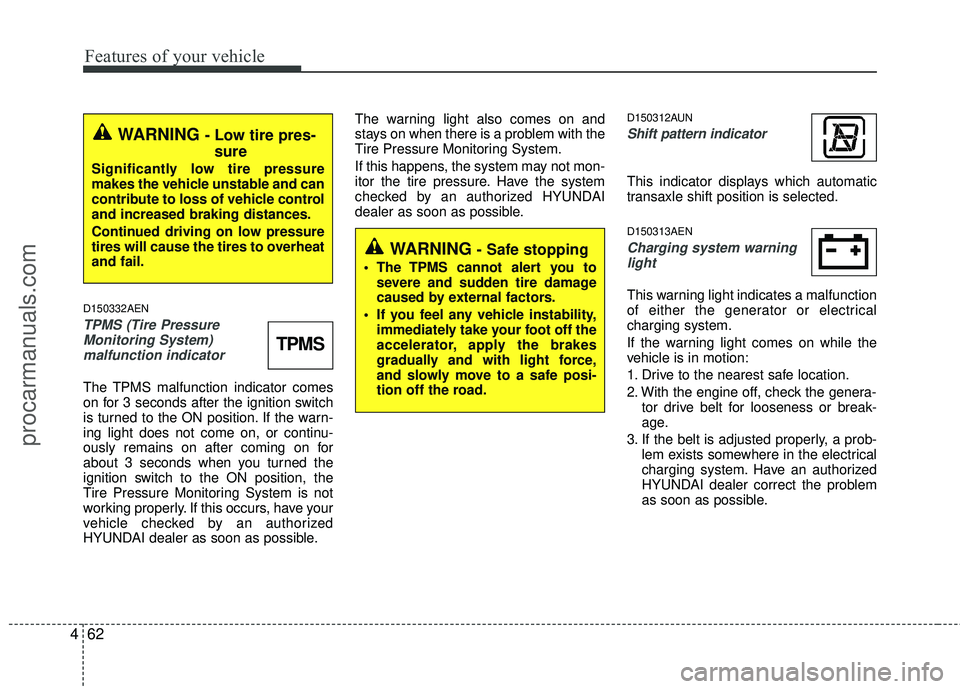 HYUNDAI VERACRUZ 2012  Owners Manual Features of your vehicle
62
4
D150332AEN
TPMS (Tire Pressure
Monitoring System) malfunction indicator 
The TPMS malfunction indicator comes
on for 3 seconds after the ignition switch
is turned to the 