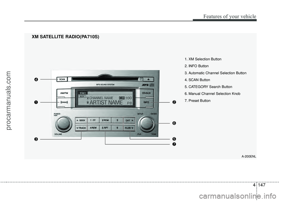 HYUNDAI VERACRUZ 2012 Owners Manual 4147
Features of your vehicle
1. XM Selection Button
2. INFO Button
3. Automatic Channel Selection Button
4. SCAN Button
5. CATEGORY Search Button
6. Manual Channel Selection Knob
7. Preset Button
XM HYUNDAI VERACRUZ 2012 Owners Manual 4147
Features of your vehicle
1. XM Selection Button
2. INFO Button
3. Automatic Channel Selection Button
4. SCAN Button
5. CATEGORY Search Button
6. Manual Channel Selection Knob
7. Preset Button
XM