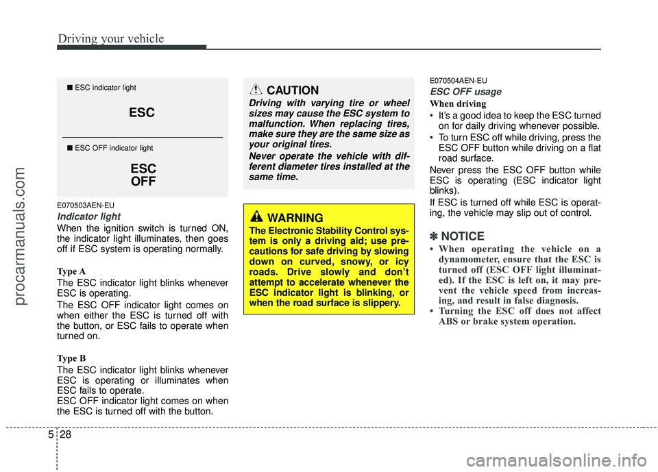 HYUNDAI VERACRUZ 2012  Owners Manual Driving your vehicle
28
5
E070503AEN-EU
Indicator light
When the ignition switch is turned ON,
the indicator light illuminates, then goes
off if ESC system is operating normally.
Type A
The ESC indica