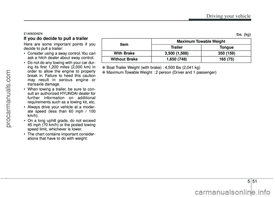 HYUNDAI VERACRUZ 2012 Owners Manual 551
Driving your vehicle
E140600AEN
If you do decide to pull a trailer
Here are some important points if you
decide to pull a trailer:
Consider using a sway control. You canask a hitch dealer about s HYUNDAI VERACRUZ 2012 Owners Manual 551
Driving your vehicle
E140600AEN
If you do decide to pull a trailer
Here are some important points if you
decide to pull a trailer:
Consider using a sway control. You canask a hitch dealer about s