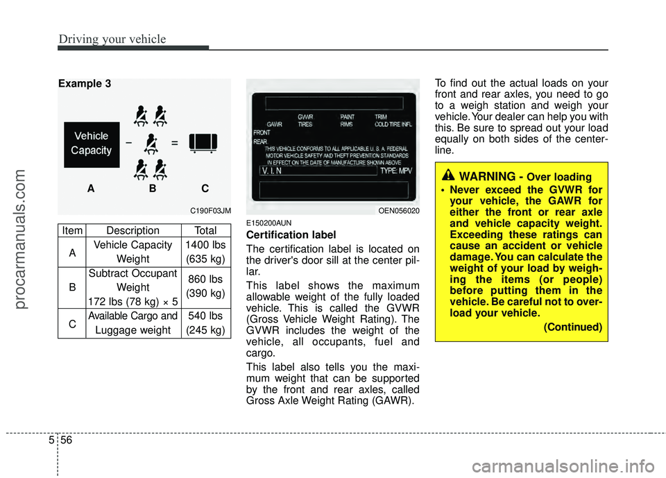 HYUNDAI VERACRUZ 2012 Owners Manual Driving your vehicle
56
5
E150200AUN
Certification label
The certification label is located on
the drivers door sill at the center pil-
lar.
This label shows the maximum
allowable weight of the fully HYUNDAI VERACRUZ 2012 Owners Manual Driving your vehicle
56
5
E150200AUN
Certification label
The certification label is located on
the drivers door sill at the center pil-
lar.
This label shows the maximum
allowable weight of the fully