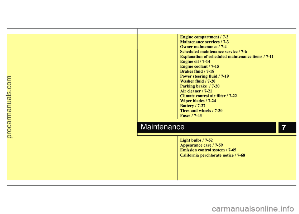HYUNDAI VERACRUZ 2012 Owners Manual 7
Engine compartment / 7-2
Maintenance services / 7-3
Owner maintenance / 7-4
Scheduled maintenance service / 7-6
Explanation of scheduled maintenance items / 7-11
Engine oil / 7-14
Engine coolant / 7 HYUNDAI VERACRUZ 2012 Owners Manual 7
Engine compartment / 7-2
Maintenance services / 7-3
Owner maintenance / 7-4
Scheduled maintenance service / 7-6
Explanation of scheduled maintenance items / 7-11
Engine oil / 7-14
Engine coolant / 7