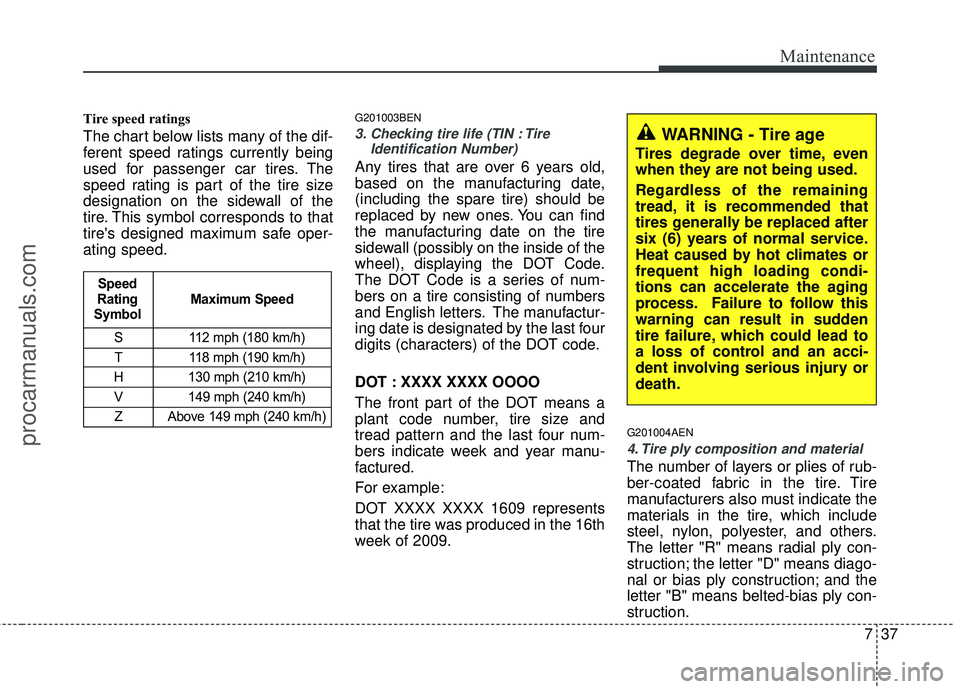HYUNDAI VERACRUZ 2012 Owners Manual 737
Maintenance
Tire speed ratings
The chart below lists many of the dif-
ferent speed ratings currently being
used for passenger car tires. The
speed rating is part of the tire size
designation on HYUNDAI VERACRUZ 2012 Owners Manual 737
Maintenance
Tire speed ratings
The chart below lists many of the dif-
ferent speed ratings currently being
used for passenger car tires. The
speed rating is part of the tire size
designation on