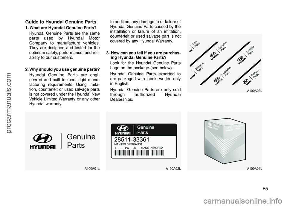 HYUNDAI VERACRUZ 2012 Owners Manual F5
Guide to Hyundai Genuine Parts
1. What are Hyundai Genuine Parts?
Hyundai Genuine Parts are the same
parts used by Hyundai Motor
Company to manufacture vehicles.
They are designed and tested for th HYUNDAI VERACRUZ 2012 Owners Manual F5
Guide to Hyundai Genuine Parts
1. What are Hyundai Genuine Parts?
Hyundai Genuine Parts are the same
parts used by Hyundai Motor
Company to manufacture vehicles.
They are designed and tested for th