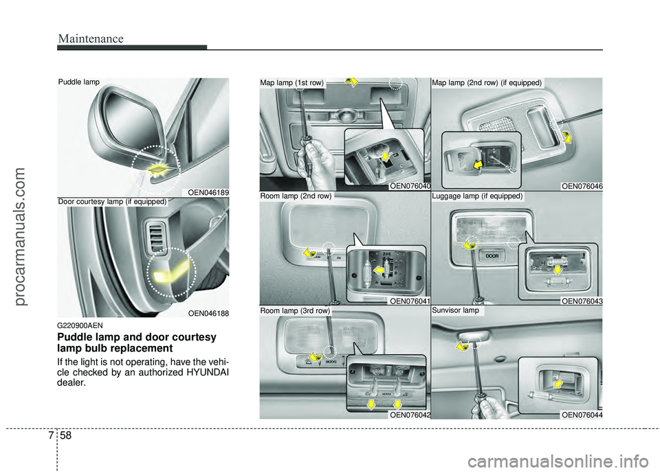 HYUNDAI VERACRUZ 2012 Owners Manual Maintenance
58
7
G220900AEN
Puddle lamp and door courtesy
lamp bulb replacement
If the light is not operating, have the vehi-
cle checked by an authorized HYUNDAI
dealer.
OEN076046
Map lamp (2nd row) HYUNDAI VERACRUZ 2012 Owners Manual Maintenance
58
7
G220900AEN
Puddle lamp and door courtesy
lamp bulb replacement
If the light is not operating, have the vehi-
cle checked by an authorized HYUNDAI
dealer.
OEN076046
Map lamp (2nd row)