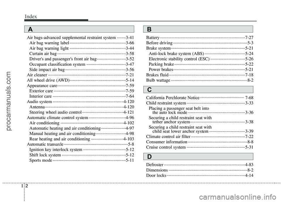 HYUNDAI VERACRUZ 2012 Owners Manual Index
2I
Air bags-advanced supplemental restraint system ········3-41Air bag warning label ··················\
··················\
············ HYUNDAI VERACRUZ 2012 Owners Manual Index
2I
Air bags-advanced supplemental restraint system ········3-41Air bag warning label ··················\
··················\
············Â