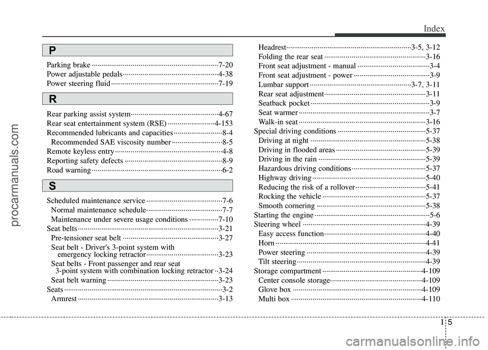 HYUNDAI VERACRUZ 2012  Owners Manual I5
Index
Parking brake ··················\
··················\
··················\
···········7-20
Power adjustable pedals······�