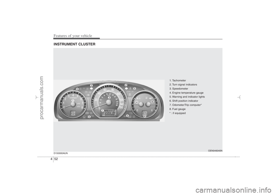 HYUNDAI VERACRUZ 2007 Owners Manual Features of your vehicle52 4INSTRUMENT CLUSTER
1. Tachometer
2. Turn signal indicators
3. Speedometer
4. Engine temperature gauge
5. Warning and indicator lights
6. Shift position indicator
7. Odomet HYUNDAI VERACRUZ 2007 Owners Manual Features of your vehicle52 4INSTRUMENT CLUSTER
1. Tachometer
2. Turn signal indicators
3. Speedometer
4. Engine temperature gauge
5. Warning and indicator lights
6. Shift position indicator
7. Odomet