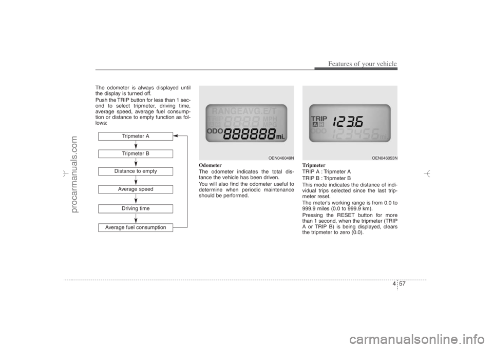 HYUNDAI VERACRUZ 2007 Owners Manual 457
Features of your vehicle
The odometer is always displayed until
the display is turned off.
Push the TRIP button for less than 1 sec-
ond to select tripmeter, driving time,
average speed, average f HYUNDAI VERACRUZ 2007 Owners Manual 457
Features of your vehicle
The odometer is always displayed until
the display is turned off.
Push the TRIP button for less than 1 sec-
ond to select tripmeter, driving time,
average speed, average f