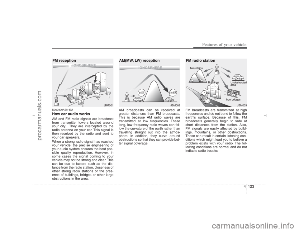HYUNDAI VERACRUZ 2007  Owners Manual 4123
Features of your vehicle
D300800AEN-EUHow car audio worksAM and FM radio signals are broadcast
from transmitter towers located around
your city. They are intercepted by the
radio antenna on your 