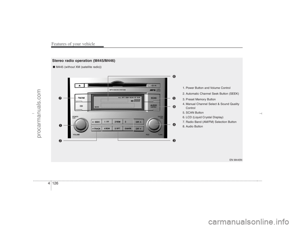 HYUNDAI VERACRUZ 2007 Owners Manual Features of your vehicle126 4
EN M445N
1. Power Button and Volume Control
2. Automatic Channel Seek Button (SEEK)
3. Preset Memory Button
4. Manual Channel Select & Sound Quality
Control
5. SCAN Butto HYUNDAI VERACRUZ 2007 Owners Manual Features of your vehicle126 4
EN M445N
1. Power Button and Volume Control
2. Automatic Channel Seek Button (SEEK)
3. Preset Memory Button
4. Manual Channel Select & Sound Quality
Control
5. SCAN Butto