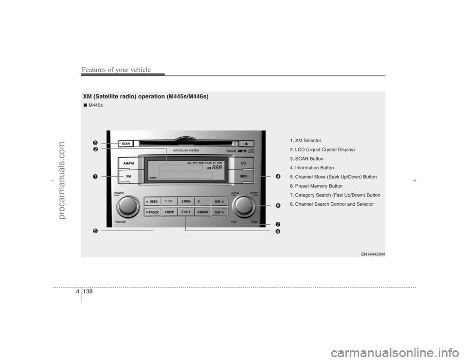 HYUNDAI VERACRUZ 2007 Owners Manual Features of your vehicle138 4
1. XM Selector
2. LCD (Liquid Crystal Display)
3. SCAN Button
4. Information Button
5. Channel Move (Seek Up/Down) Button
6. Preset Memory Button
7. Category Search (Fast HYUNDAI VERACRUZ 2007 Owners Manual Features of your vehicle138 4
1. XM Selector
2. LCD (Liquid Crystal Display)
3. SCAN Button
4. Information Button
5. Channel Move (Seek Up/Down) Button
6. Preset Memory Button
7. Category Search (Fast