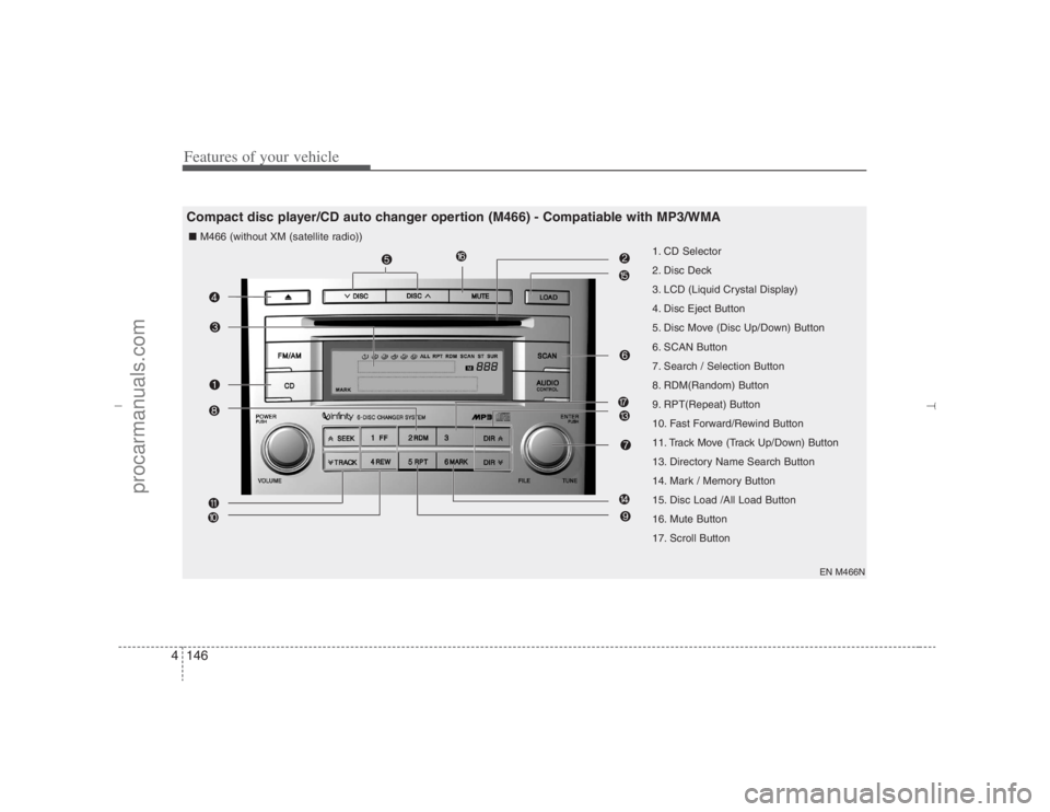 HYUNDAI VERACRUZ 2007 Owners Manual Features of your vehicle146 4
1. CD Selector
2. Disc Deck
3. LCD (Liquid Crystal Display)
4. Disc Eject Button
5. Disc Move (Disc Up/Down) Button
6. SCAN Button
7. Search / Selection Button
8. RDM(Ran HYUNDAI VERACRUZ 2007 Owners Manual Features of your vehicle146 4
1. CD Selector
2. Disc Deck
3. LCD (Liquid Crystal Display)
4. Disc Eject Button
5. Disc Move (Disc Up/Down) Button
6. SCAN Button
7. Search / Selection Button
8. RDM(Ran