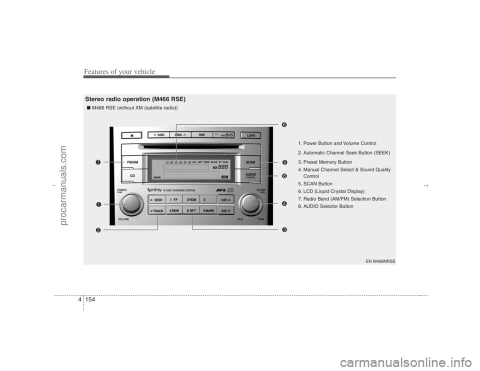 HYUNDAI VERACRUZ 2007 Owners Manual Features of your vehicle154 4
EN M466NRSE
1. Power Button and Volume Control
2. Automatic Channel Seek Button (SEEK)
3. Preset Memory Button
4. Manual Channel Select & Sound Quality
Control
5. SCAN Bu HYUNDAI VERACRUZ 2007 Owners Manual Features of your vehicle154 4
EN M466NRSE
1. Power Button and Volume Control
2. Automatic Channel Seek Button (SEEK)
3. Preset Memory Button
4. Manual Channel Select & Sound Quality
Control
5. SCAN Bu