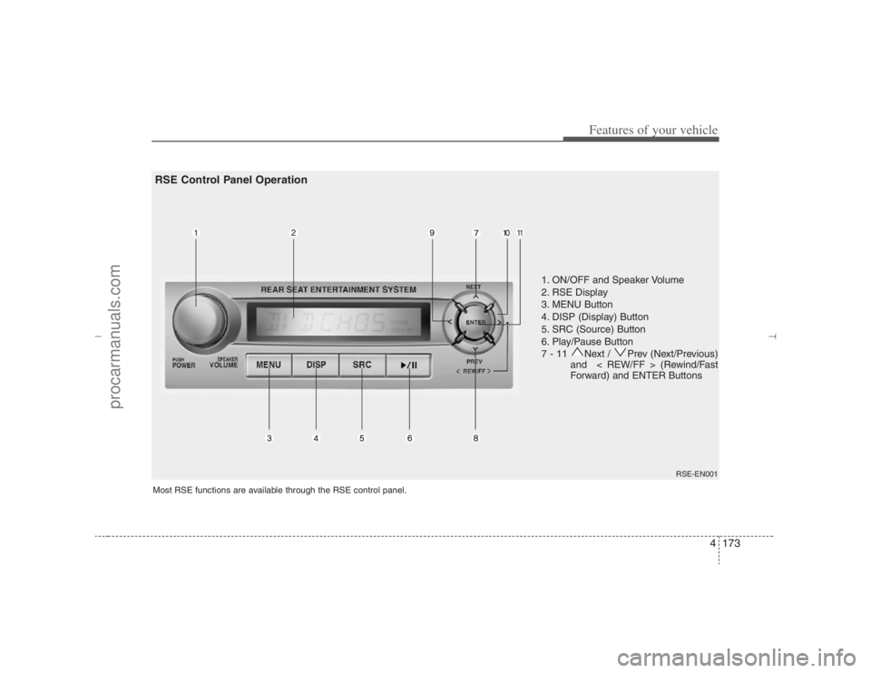 HYUNDAI VERACRUZ 2007 Owners Manual 4173
Features of your vehicle
1. ON/OFF and Speaker Volume
2. RSE Display
3. MENU Button
4. DISP (Display) Button
5. SRC (Source) Button
6. Play/Pause Button
7 - 11 Next / Prev (Next/Previous)
and HYUNDAI VERACRUZ 2007 Owners Manual 4173
Features of your vehicle
1. ON/OFF and Speaker Volume
2. RSE Display
3. MENU Button
4. DISP (Display) Button
5. SRC (Source) Button
6. Play/Pause Button
7 - 11 Next / Prev (Next/Previous)
and