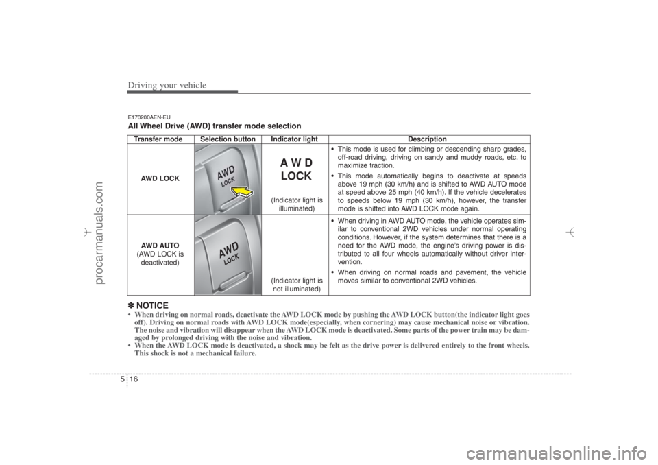HYUNDAI VERACRUZ 2007 Owners Manual Driving your vehicle16 5Transfer mode Selection button Indicator light Description
This mode is used for climbing or descending sharp grades,
off-road driving, driving on sandy and muddy roads, etc. HYUNDAI VERACRUZ 2007 Owners Manual Driving your vehicle16 5Transfer mode Selection button Indicator light Description
This mode is used for climbing or descending sharp grades,
off-road driving, driving on sandy and muddy roads, etc.