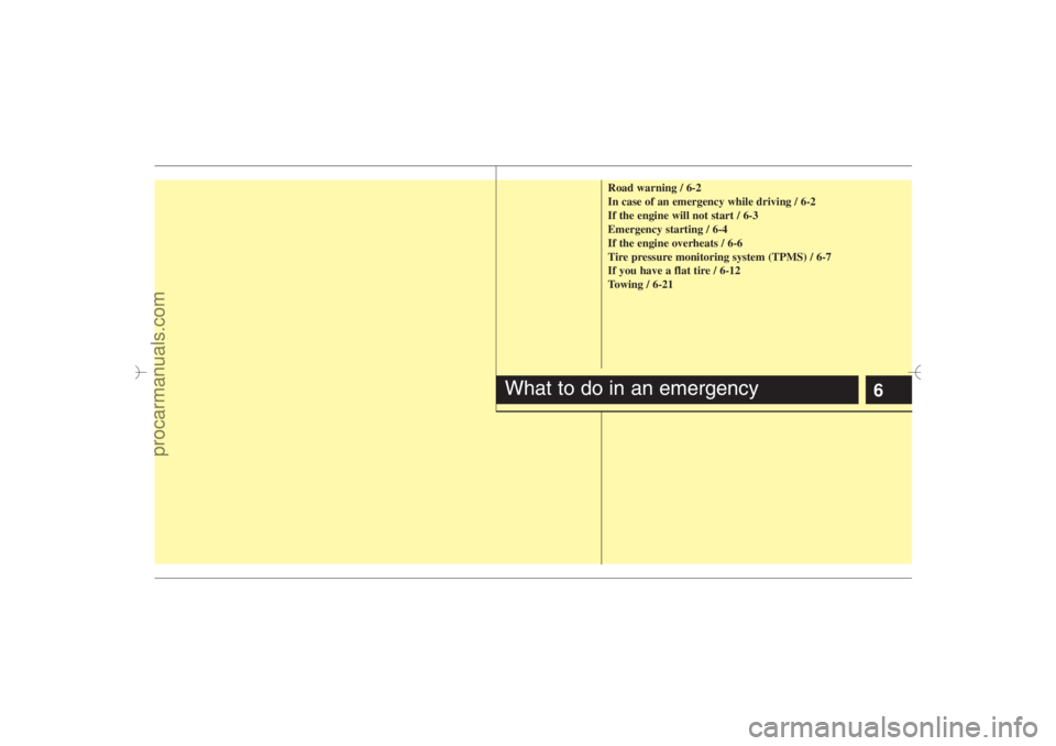 HYUNDAI VERACRUZ 2007 Owners Manual 6
Road warning / 6-2
In case of an emergency while driving / 6-2
If the engine will not start / 6-3
Emergency starting / 6-4
If the engine overheats / 6-6
Tire pressure monitoring system (TPMS) / 6-7
HYUNDAI VERACRUZ 2007 Owners Manual 6
Road warning / 6-2
In case of an emergency while driving / 6-2
If the engine will not start / 6-3
Emergency starting / 6-4
If the engine overheats / 6-6
Tire pressure monitoring system (TPMS) / 6-7