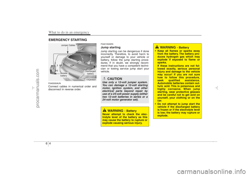 HYUNDAI VERACRUZ 2007 Owners Manual What to do in an emergency4 6EMERGENCY STARTINGF040000AUNConnect cables in numerical order and
disconnect in reverse order.
F040100AENJump starting Jump starting can be dangerous if done
incorrectly. HYUNDAI VERACRUZ 2007 Owners Manual What to do in an emergency4 6EMERGENCY STARTINGF040000AUNConnect cables in numerical order and
disconnect in reverse order.
F040100AENJump starting Jump starting can be dangerous if done
incorrectly.