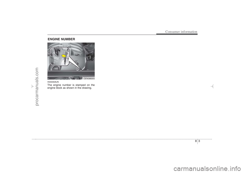 HYUNDAI VERACRUZ 2007 Owners Manual 83
Consumer information
H04000AUNThe engine number is stamped on the
engine block as shown in the drawing.ENGINE NUMBER
OEN086005
EN hma 8.qxd 11/27/2006 5:58 PM Page 3
procarmanuals.com HYUNDAI VERACRUZ 2007 Owners Manual 83
Consumer information
H04000AUNThe engine number is stamped on the
engine block as shown in the drawing.ENGINE NUMBER
OEN086005
EN hma 8.qxd 11/27/2006 5:58 PM Page 3
procarmanuals.com