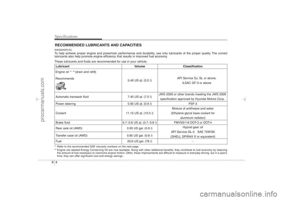 HYUNDAI VERACRUZ 2007 Owners Manual Specifications4 9RECOMMENDED LUBRICANTS AND CAPACITIES I040000AEN-EUTo help achieve proper engine and powertrain performance and durability, use only lubricants of the proper quality. The correct
lub HYUNDAI VERACRUZ 2007 Owners Manual Specifications4 9RECOMMENDED LUBRICANTS AND CAPACITIES I040000AEN-EUTo help achieve proper engine and powertrain performance and durability, use only lubricants of the proper quality. The correct
lub