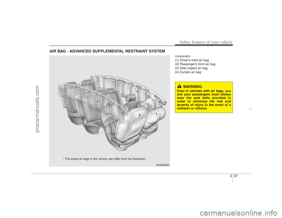 HYUNDAI VERACRUZ 2007 Workshop Manual 337
Safety features of your vehicle
C040000AEN(1) Driver’s front air bag
(2) Passenger’s front air bag
(3) Side impact air bag
(4) Curtain air bag
AIR BAG - ADVANCED SUPPLEMENTAL RESTRAINT SYSTEM
HYUNDAI VERACRUZ 2007 Workshop Manual 337
Safety features of your vehicle
C040000AEN(1) Driver’s front air bag
(2) Passenger’s front air bag
(3) Side impact air bag
(4) Curtain air bag
AIR BAG - ADVANCED SUPPLEMENTAL RESTRAINT SYSTEM