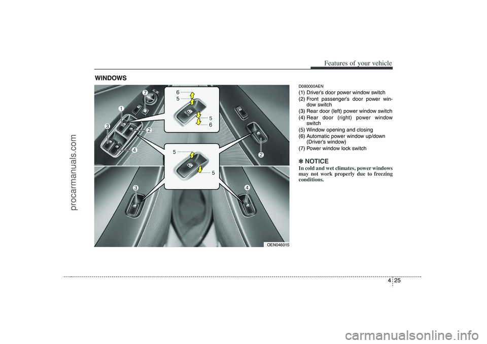 HYUNDAI VERACRUZ 2008  Owners Manual 425
Features of your vehicle
D080000AEN(1) Driver’s door power window switch
(2) Front passenger’s door power win-
dow switch
(3) Rear door (left) power window switch
(4) Rear door (right) power w
