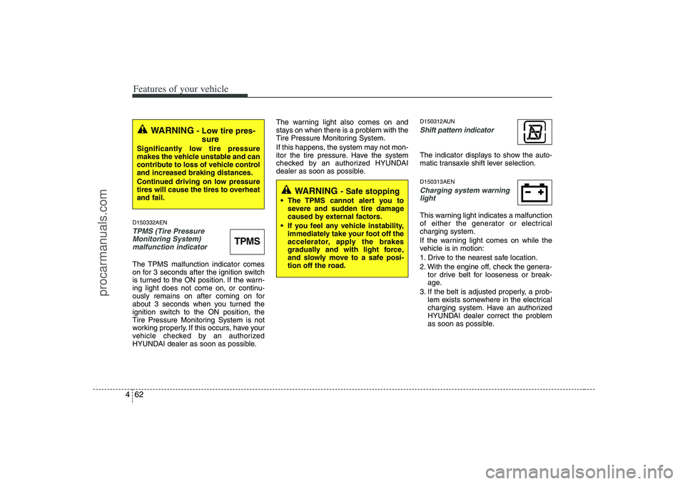 HYUNDAI VERACRUZ 2008  Owners Manual Features of your vehicle62 4D150332AENTPMS (Tire Pressure
Monitoring System) 
malfunction indicator The TPMS malfunction indicator comes
on for 3 seconds after the ignition switch
is turned to the ON 