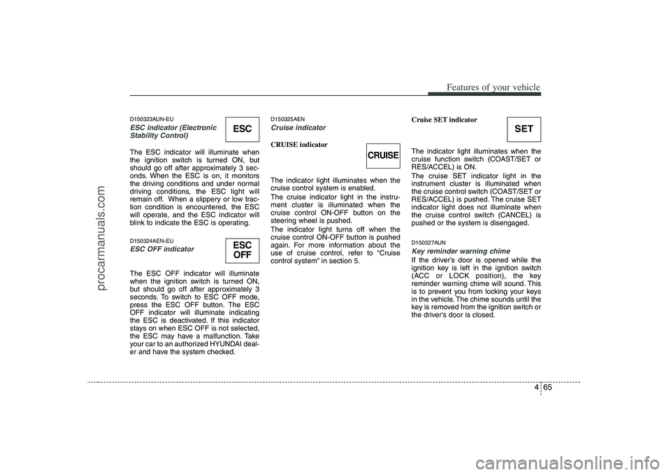 HYUNDAI VERACRUZ 2008 Owners Manual 465
Features of your vehicle
D150323AUN-EUESC indicator (Electronic
Stability Control) The ESC indicator will illuminate when
the ignition switch is turned ON, but
should go off after approximately 3 HYUNDAI VERACRUZ 2008 Owners Manual 465
Features of your vehicle
D150323AUN-EUESC indicator (Electronic
Stability Control) The ESC indicator will illuminate when
the ignition switch is turned ON, but
should go off after approximately 3