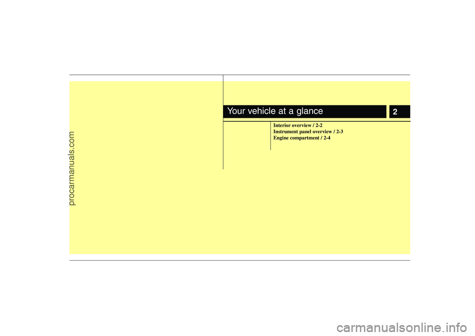 HYUNDAI VERACRUZ 2008  Owners Manual 2
Interior overview / 2-2
Instrument panel overview / 2-3
Engine compartment / 2-4
Your vehicle at a glance
procarmanuals.com 