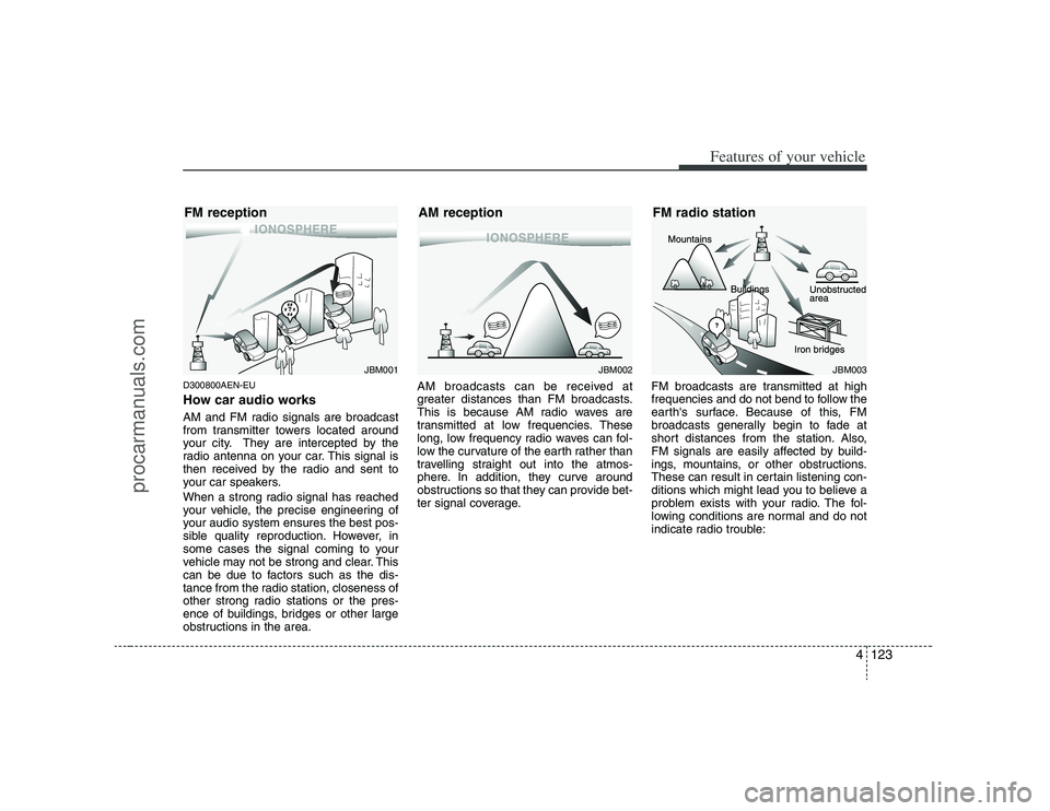 HYUNDAI VERACRUZ 2008 Owners Manual 4123
Features of your vehicle
D300800AEN-EUHow car audio worksAM and FM radio signals are broadcast
from transmitter towers located around
your city. They are intercepted by the
radio antenna on your HYUNDAI VERACRUZ 2008 Owners Manual 4123
Features of your vehicle
D300800AEN-EUHow car audio worksAM and FM radio signals are broadcast
from transmitter towers located around
your city. They are intercepted by the
radio antenna on your