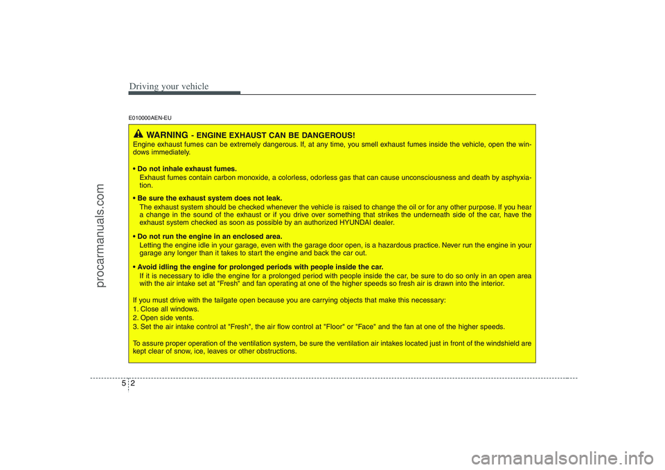 HYUNDAI VERACRUZ 2008  Owners Manual Driving your vehicle2 5E010000AEN-EU
WARNING
- ENGINE EXHAUST CAN BE DANGEROUS!
Engine exhaust fumes can be extremely dangerous. If, at any time, you smell exhaust fumes inside the vehicle, open the w