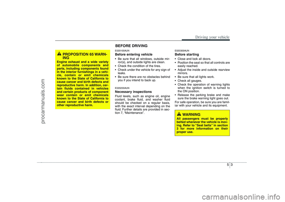 HYUNDAI VERACRUZ 2008  Owners Manual 53
Driving your vehicle
E020100AUNBefore entering vehicle• Be sure that all windows, outside mir-
ror(s), and outside lights are clean.
 Check the condition of the tires.
 Check under the vehicle fo