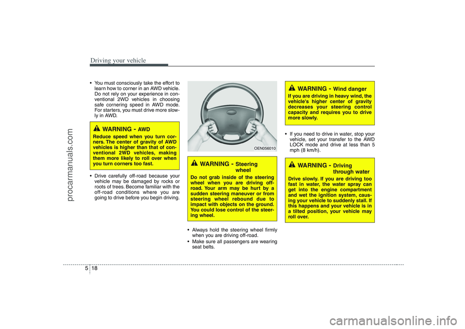 HYUNDAI VERACRUZ 2008  Owners Manual Driving your vehicle18 5 You must consciously take the effort to
learn how to corner in an AWD vehicle.
Do not rely on your experience in con-
ventional 2WD vehicles in choosing
safe cornering speed i