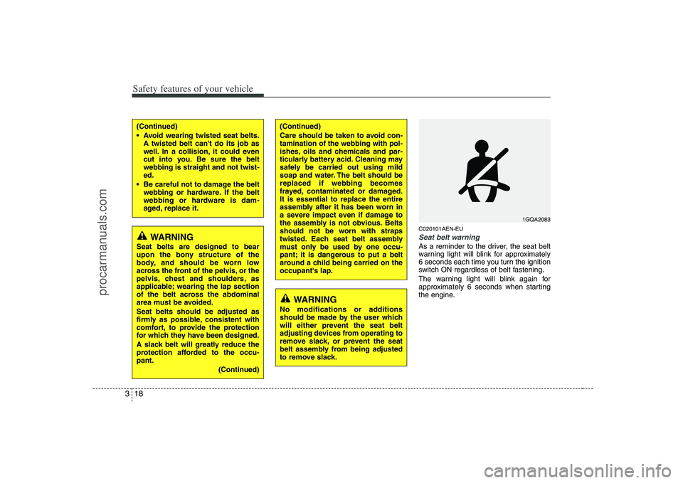 HYUNDAI VERACRUZ 2008  Owners Manual Safety features of your vehicle18 3
C020101AEN-EUSeat belt warningAs a reminder to the driver, the seat belt
warning light will blink for approximately
6 seconds each time you turn the ignition
switch