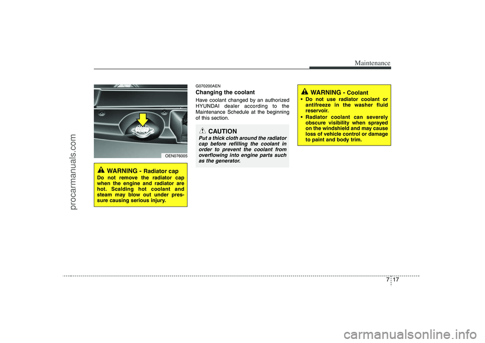 HYUNDAI VERACRUZ 2008  Owners Manual 717
Maintenance
G070200AENChanging the coolantHave coolant changed by an authorized
HYUNDAI dealer according to the
Maintenance Schedule at the beginning
of this section.
WARNING - 
Radiator cap
Do no