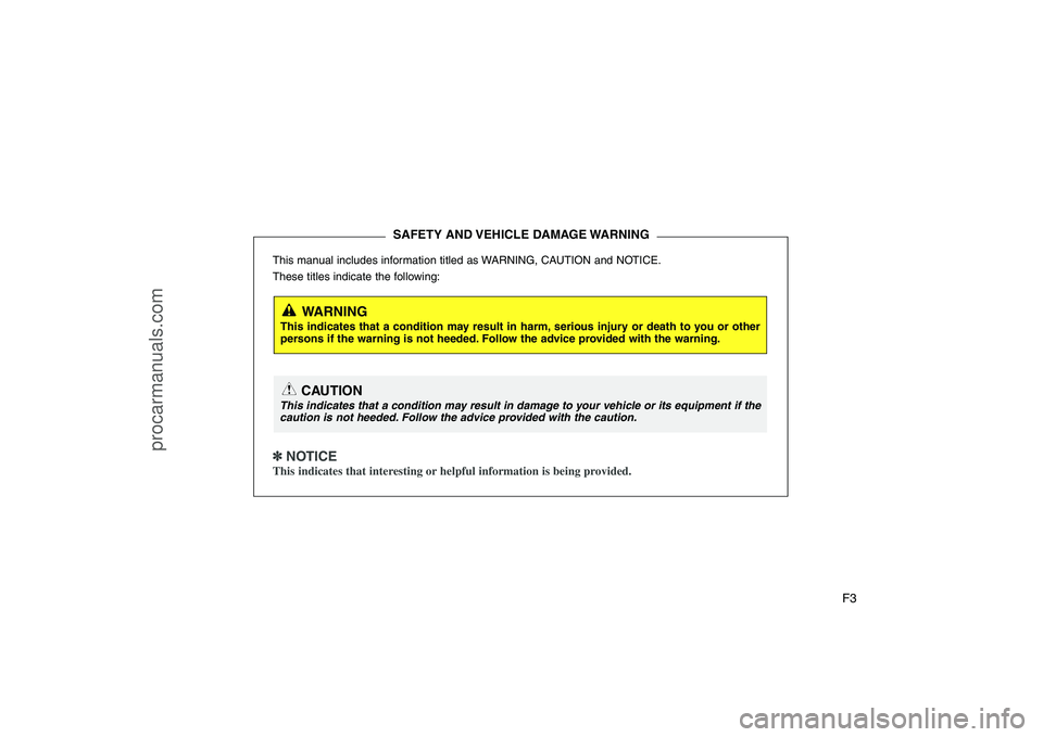 HYUNDAI VERACRUZ 2008  Owners Manual F3
This manual includes information titled as WARNING, CAUTION and NOTICE.
These titles indicate the following:✽ ✽ 
 
NOTICEThis indicates that interesting or helpful information is being provided