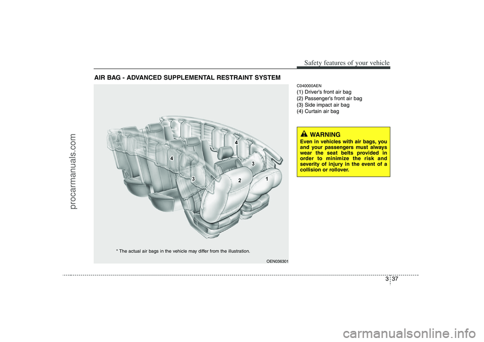 HYUNDAI VERACRUZ 2008 Workshop Manual 337
Safety features of your vehicle
C040000AEN(1) Driver’s front air bag
(2) Passenger’s front air bag
(3) Side impact air bag
(4) Curtain air bag
AIR BAG - ADVANCED SUPPLEMENTAL RESTRAINT SYSTEM
HYUNDAI VERACRUZ 2008 Workshop Manual 337
Safety features of your vehicle
C040000AEN(1) Driver’s front air bag
(2) Passenger’s front air bag
(3) Side impact air bag
(4) Curtain air bag
AIR BAG - ADVANCED SUPPLEMENTAL RESTRAINT SYSTEM