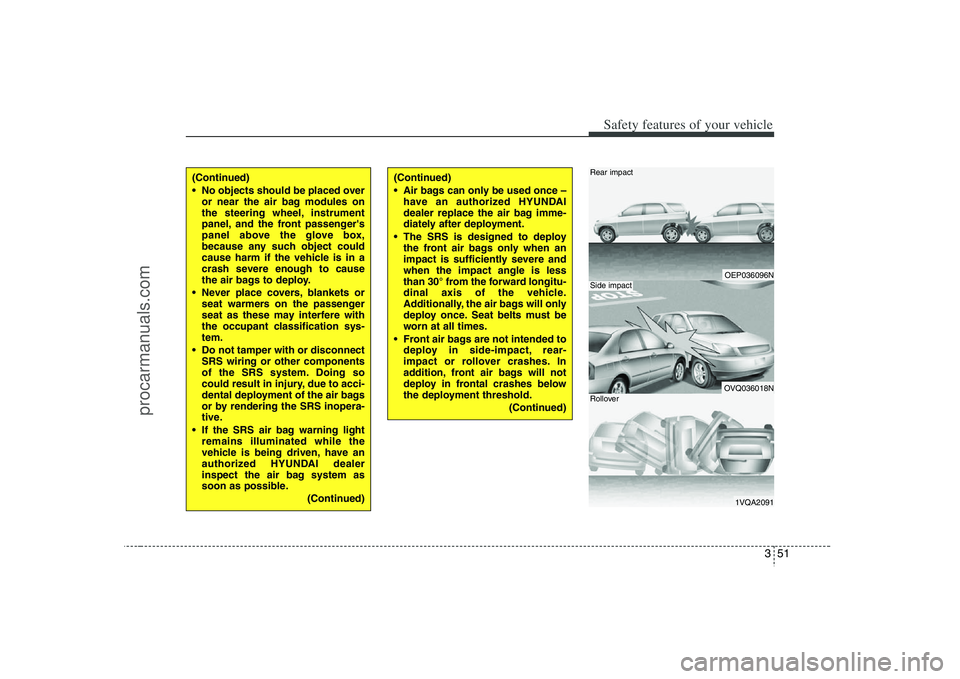 HYUNDAI VERACRUZ 2008 Manual PDF 351
Safety features of your vehicle
OEP036096NOVQ036018N1VQA2091
Rear impactSide impactRollover
(Continued)
No objects should be placed over
or near the air bag modules on
the steering wheel, instrum HYUNDAI VERACRUZ 2008 Manual PDF 351
Safety features of your vehicle
OEP036096NOVQ036018N1VQA2091
Rear impactSide impactRollover
(Continued)
No objects should be placed over
or near the air bag modules on
the steering wheel, instrum