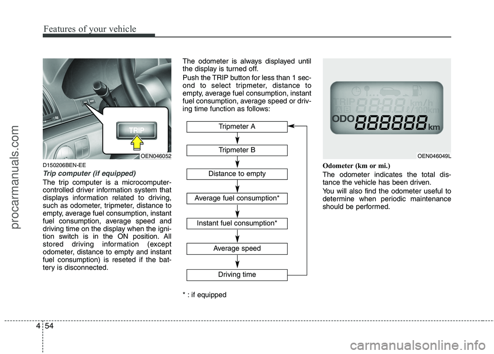 HYUNDAI VERACRUZ 2011 Owners Manual Features of your vehicle
54
4
D150206BEN-EE
Trip computer (if equipped)
The trip computer is a microcomputer-
controlled driver information system that
displays information related to driving,
such a HYUNDAI VERACRUZ 2011 Owners Manual Features of your vehicle
54
4
D150206BEN-EE
Trip computer (if equipped)
The trip computer is a microcomputer-
controlled driver information system that
displays information related to driving,
such a