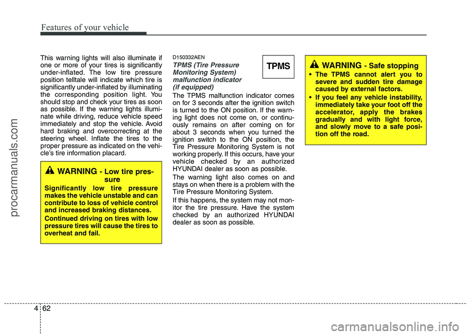 HYUNDAI VERACRUZ 2011 Owners Manual Features of your vehicle
62
4
This warning lights will also illuminate if
one or more of your tires is significantly
under-inflated. The low tire pressureposition telltale will indicate which tire is HYUNDAI VERACRUZ 2011 Owners Manual Features of your vehicle
62
4
This warning lights will also illuminate if
one or more of your tires is significantly
under-inflated. The low tire pressureposition telltale will indicate which tire is